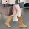 Botas de Moda Estilo Coreano con Hebilla, Apiladas, de Media Pantorrilla para Mujer, Botas Vaqueras Occidentales Plisadas hasta la Rodilla para Primavera y Otoño