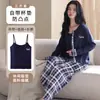 Nuevo Estilo Primavera y Otoño Pijama 100% Algodón Puro para Mujer, Manga Larga, Ropa de Casa Cómoda y Suave con Almohadillas en el Pecho, Conjunto de Tres Piezas 100% Algodón