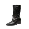 Botas de media caña de moda, holgadas, con pliegues, puntera cuadrada, con aumento interior de 5 cm, de piel auténtica, para mujer, nuevas para otoño/invierno 2026