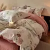 Conjunto de Quatro Peças Espesso Escovado 100% Algodão Puro Estilo Ins de Luxo Leve Lençol com Elástico 100% Algodão Capa de Edredom Conjunto de Cama Floral de Três Peças 4