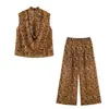 Conjunto Casual de Duas Peças Feminino Outono 2026 Estilo Europeu e Americano Estampa de Leopardo Top e Calça 11029
