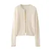 Cárdigan Grueso de Cuello Redondo de Cachemira Personalizado Ropa de Abrigo Otoño e Invierno Nuevo Botón de Siete Pines para Mujer Largo de Seda Cortado en Hilo Blanco