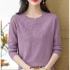Camiseta base de cuello redondo bordada, nueva moda primavera y otoño, elegante de manga larga, top de punto liso que rejuvenece para mujer, morado
