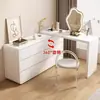Mesa de Toucador Integrada para Quarto Estilo Creme Gaveteiro Multifuncional para Quarto Canto Arredondado Mesa de Maquiagem Retrátil de Canto Armário de Armazenamento