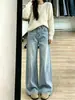 Chao Li tiene stock pantalones dobles longitud bordado cuchillo curvo jeans de mezclilla mujer otoño cintura alta pierna ancha holgado ajustado pierna recta pantalones de piso