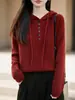 Suéter de Tricô com Capuz Cor Lisa Feminino Outono Inverno Solto Ombro Caído Caimento Relaxado Macio Amigo da Pele Manga Longa Top Casual