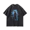 Camiseta Masculina Casual de Algodão Puro Pesado, Estilo Vintage Lavado, Manga Curta, Estampa de Desenho Animado, Marca Nova Tendência Verão 2026 para Casal