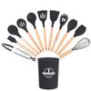 Utensilios de Cocina de Silicona Transfronterizos Juego de 12 Piezas Mango de Madera Traje de Silicona con Barril de Almacenamiento Sartén Antiadherente Utensilios de Cocina Resistentes a Altas Temperaturas Espátula