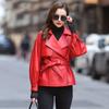 Chaqueta de Piel Genuina de Piel de Cabra Nueva de Haining para Mujer, Cinturón Corto, Cuello de Traje, Estilo Coreano Holgado, Chaqueta de Cuero Estilo Europeo y Americano