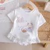 Camiseta de Renda Manga Curta para Meninas Verão Novo Desenho Animado Infantil Estilo Coreano Gola Redonda