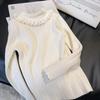Suéter Outono e Inverno para Meninas Camiseta Base Tricô com Gola de Renda de Pérolas para Bebês Top Interno Estilo Coreano Estrangeiro para Crianças
