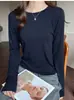 Top de manga larga de color liso para mujer para primavera y otoño, hecho de Tencel y lana, corte ajustado, favorecedor, versátil, cuello redondo, fino