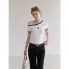 Camiseta corta blanca puramente seductora con bordado, sin hombros, de manga corta para mujer, nuevo top ajustado de verano 2026