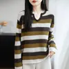 Tricô de Lã com Listras Contrastantes Estilo Francês para Mulheres Tricô Casual Solto Estilo Coreano Novo Moda 2026 Top com Combinação de Cores