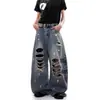 Calça Jeans Rasgada com Estampa de Carta Americana para Homens e Mulheres Verão Tendência Marca Streetwear Lâmina Curva Calças Longas Retrô Soltas Calças de Perna Larga