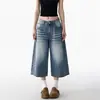 Jeans cropped largo estilo retrô americano para mulheres, fino de verão, cintura baixa, novo estilo, calças retas largas de comprimento médio