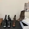 Botas Curtas de Cowboy Ocidental para Mulheres, Franzidas, Desgastadas, Bico Redondo, Vintage, Salto Grosso, Estilo Equitação, Botas Martin