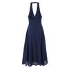 Casa Mesmo Estilo Europeu e Americano Estilo Francês Retrô Elegante Gola Halter Decote V Costas Nuas Chiffon Vestido de Comprimento Médio para Mulheres
