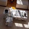 Mesa de comedor clásica italiana de mármol morado Caracata personalizada con borde cruzado, mesa de centro cuadrada