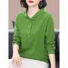 65 Rack de Puxar Primavera e Outono Nova Camiseta de Manga Longa Feminina Cobrindo a Barriga Emagrecimento Fina Casual Solta Moda Top com Capuz