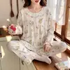 Pijama de dibujos animados estilo japonés para mujer, primavera y otoño, conjunto fino de ropa de casa de manga larga y pantalón largo de algodón nube holgado, se puede usar para salir
