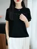 2026 Verano Nuevo Estilo Organza de Tencel Lyocell Cuello Redondo Tejido de Punto Manga Corta Bordado Color Sólido Top Camiseta