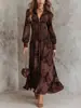 Vestido feminino novo para outono e inverno, estação cruzada europeia e americana, com ajuste na cintura, estampa digital, decote V plissado e zíper