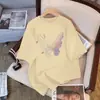 Camiseta de algodón puro estilo coreano para mujer, estampado de mariposas, manga corta, modelo nuevo 2026, top casual holgado y versátil