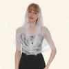 Bufanda triangular chal bordada de color liso con encaje y velo calado bicolor blanco y negro para mujer.
