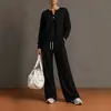 Conjunto de Moletom com Capuz Cor Sólida e Calça Wide Leg Estilo Europeu Feminino Outono Inverno Casual Conjunto de Duas Peças Manga Longa Cordão Solto