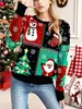 Tricô Jacquard Feminino de Manga Longa Casual Solto com Gola Redonda - Novo de 2026 Outono/Inverno - Papai Noel e Rena