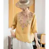 Suéter Bordado Estilo Chinês Gola V Bordado Algodão e Linho Manga Curta Verão Novo Top Fino de Algodão e Linho Manga Curta para Mulheres