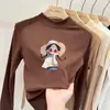 Camada base estampada para meninas, fleece dupla face, outono/inverno, gola alta, manga longa, camiseta interna estilosa e quente para crianças maiores