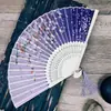 Abanico plegable rosa estilo japonés, abanico de seda para danza de flores de cerezo estilo japonés, abanico morado de bambú estilo antiguo para mujer, abanico pequeño de bambú estilo chino