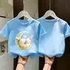 Camiseta de Algodão Puro de Manga Curta para Meninas, Novo Estilo de Verão, Top Estiloso Estampado, Soltinho para Crianças, Respirável, Amigo da Pele, Camiseta de Meia Manga