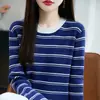 2026 Cor Retro Color-Blocking Novo Listrado Algodão Puro Tricô Simples Gola Redonda Versátil Manga Longa Slim-Fit Blusa Roupas Femininas