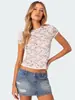 Estilo Novo 2026 Transfronteiriço Gola Redonda Renda Manga Curta Roupas Femininas Europeias e Americanas Estilo Sexy Top Vazado Justo com Toque de Luxo