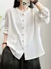 Otoño Nuevo Vintage Color Sólido Cuello Redondo Versátil Suave Algodón Camisa Corte Holgado Ocultando Botones Blusa Venta al por Mayor