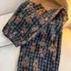 Pijama Feminino Estilo Retrô com Estampa de Urso Xadrez, Conjunto de Cardigan com Renda de Manga Longa e Calça Longa para Primavera e Outono, Roupa de Casa Casual