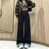 Jeans patchwork xadrez color-block estilo retrô americano para mulheres, novo estilo de outono, corte solto, emagrecedor e com design de perna larga e fluido