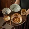 Juego de vajilla de cerámica estilo rústico para una persona, con diseño minimalista, que incluye cuencos, platos y una taza, apto para uso doméstico, restaurantes y para servir sopas o fideos.
