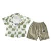 Conjunto de Verão Infantil Manga Curta Novo Xadrez Grande Gola Camisa Quadrada Manchas Meninos e Meninas Conjunto Falso de Três Peças Manga Curta Lote