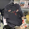 Camiseta de Manga Corta de Algodón Puro Vintage Lavado para Mujer, Ropa de Calle de Verano Retro Americana Estilo Ins Tendencia para Figuras Pequeñas