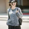Cárdigan de punto de lana de cachemira suave y cálido para mujer, cuello redondo, corte holgado, suéter cepillado con botones de perla, top tipo chaqueta de forro polar