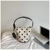 Bolsa balde de linho com poá estilo ins coreano para mulheres, nova versão de verão 2026, versátil, de grande capacidade, para ombro e transversal