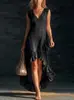 2026 Europeo y Americano Transfronterizo Amazon Nueva Moda Romántico Sin Mangas Cuello en V Dobladillo con Volantes Algodón y Lino Vestido Largo