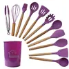 Espátula de Silicona con Mango de Madera, Cuchara para Sopa, Colador, Juego de 12 Piezas, Sartén Antiadherente, Espátula de Silicona, Juego de Utensilios de Cocina de Silicona Resistentes a Altas Temperaturas