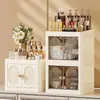 Caixa de Armazenamento com Porta de Empurrar para Cosméticos de Mesa Prateleira de Armazenamento Multicamadas Suprimentos de Papelaria Doméstica Caixa de Armazenamento à Prova de Poeira para Produtos de Skincare