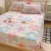 Sábana Bajera Ajustada de Algodón Cepillado Engrosado, Universal para Todas las Estaciones, Estampada, Completamente Cerrada, Resistente a la Suciedad, Cubre Cama Antideslizante de Algodón, Funda Protectora, Juego de Tres Piezas