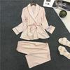 Primavera Nuevo Pijama de Seda Imitada para Mujer Solapa Casual Seda Ropa para el Hogar de Manga Larga Pantalones Conjunto de Dos Piezas